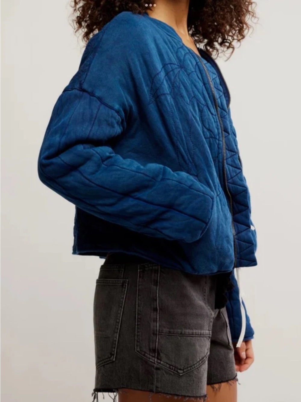 Free People Blue Quilted Rose Quinn Zip Bomber Jacket - Picture 3 of 5
